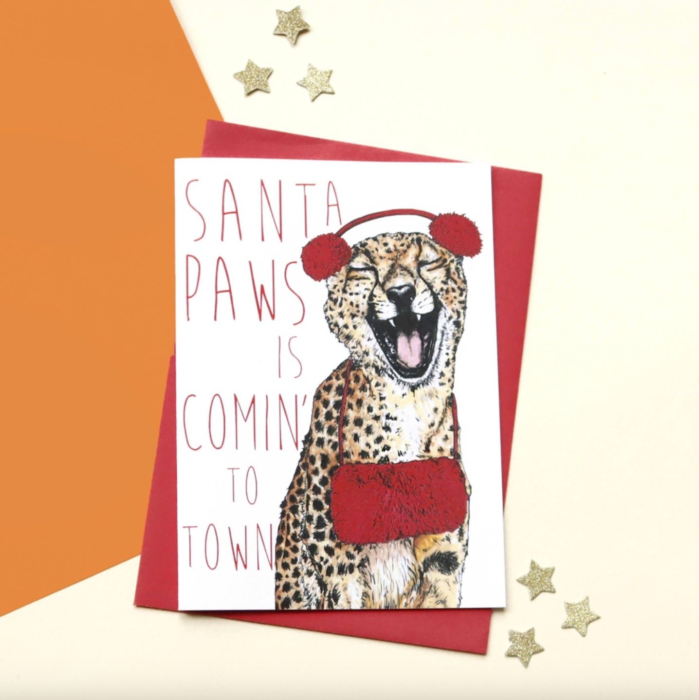 Caroling Cats Santa Paws Cheetah Christmas Card | Funny Card